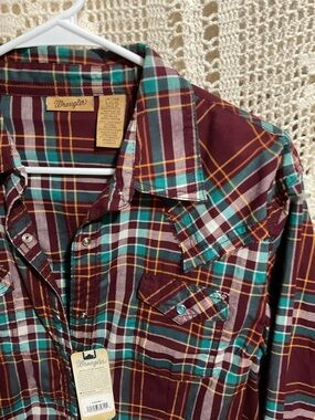 NWT Wrangler Teal pearl snap frayed yokes western shirt Large